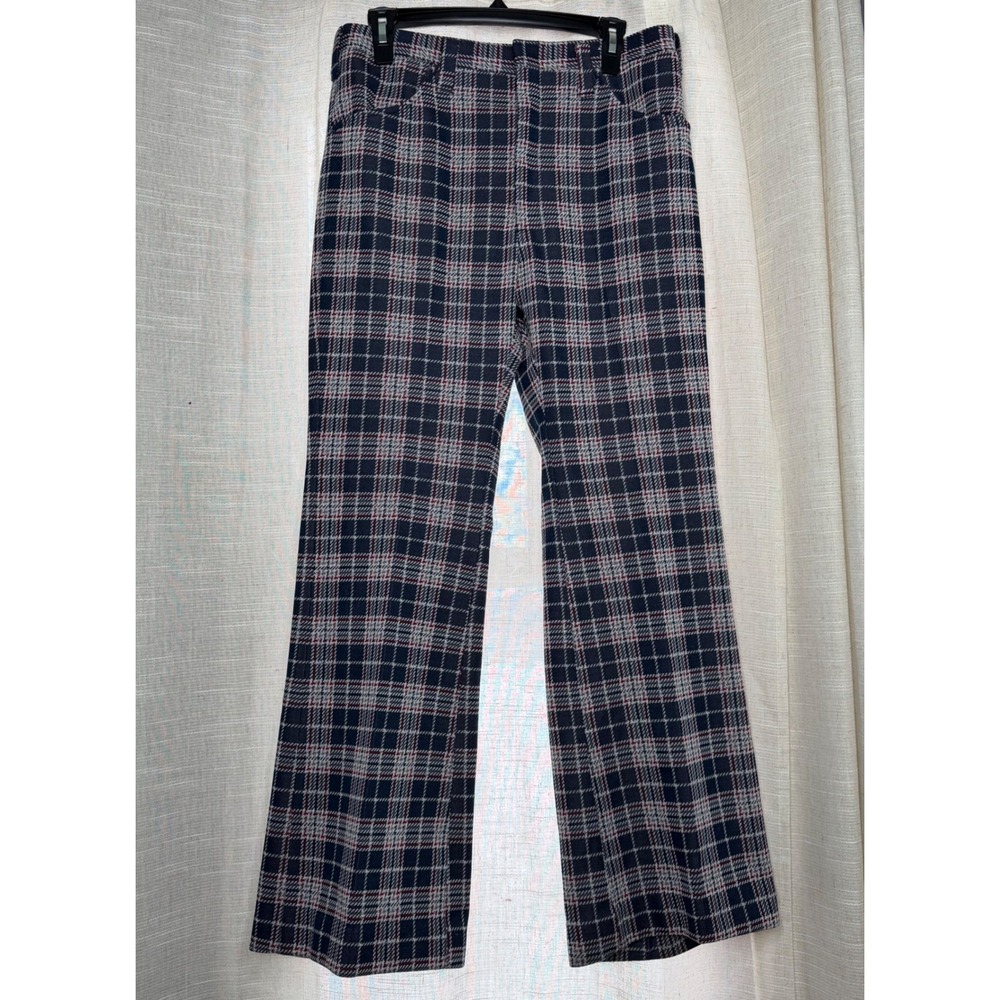70s Vintage Mustang Knits Haggar Plaid Flare Pants High Rise Blue Womens Size 30